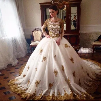 2023 Белое Золото Арабское Мусульманское Свадебное платье С Драгоценными Камнями Аппликации с длинными рукавами На заказ Свадебные платья Vestidos De Noiva