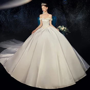 Длинное платье из белого атласа с карманами, Свадебные платья, расшитые бисером и жемчугом, Простые Свадебные платья Vestido De Novia с открытыми плечами и вуалью