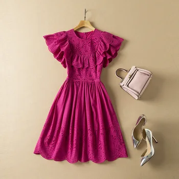 Европейская и американская женская одежда весна 2022, новинка, короткие рукава, круглый воротник, модное открытое фиолетовое платье с воланами